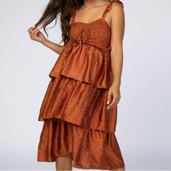 Storia Smocked Tiered Maternity Rust Polka Dot Midi Dress in Size Small - Picture 1 of 14